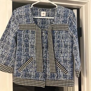CAbi Blue Tweed Open-Front Jacket with Houndstooth Trim